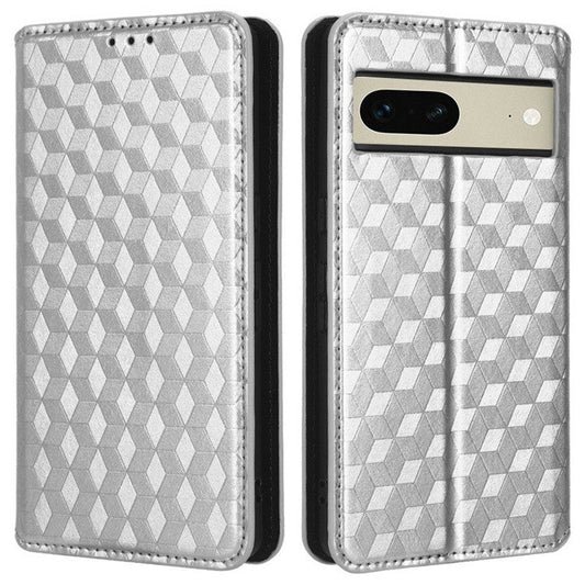 For Google Pixel 7 5G Anti-scratch Phone Case Stand Magnetic Auto Closing Imprinted Rhombus Pattern PU Leather Flip Wallet Cover - Silver