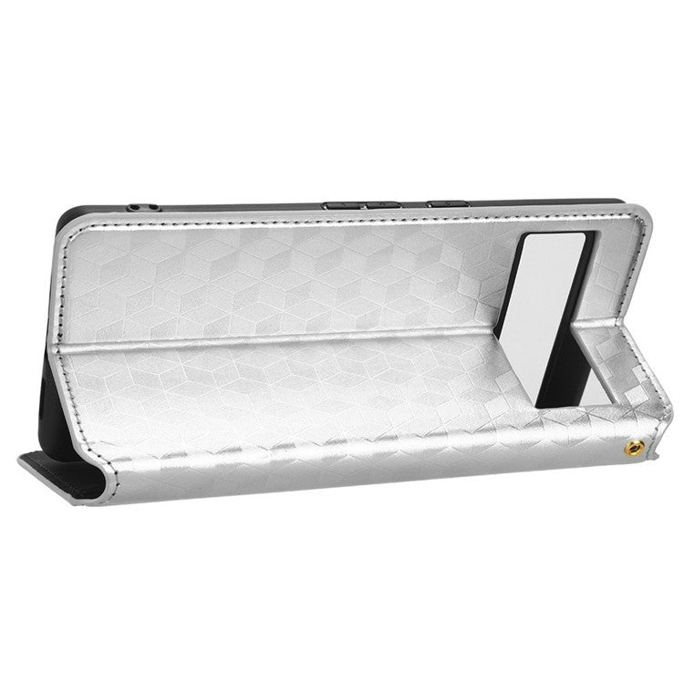 For Google Pixel 7 5G Anti-scratch Phone Case Stand Magnetic Auto Closing Imprinted Rhombus Pattern PU Leather Flip Wallet Cover - Silver