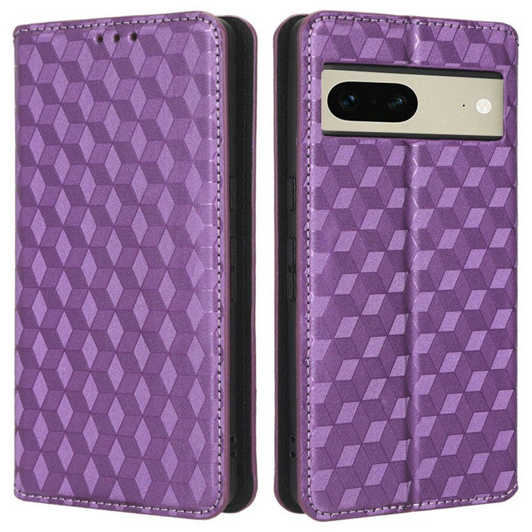 For Google Pixel 7 5G Anti-scratch Phone Case Stand Magnetic Auto Closing Imprinted Rhombus Pattern PU Leather Flip Wallet Cover - Purple