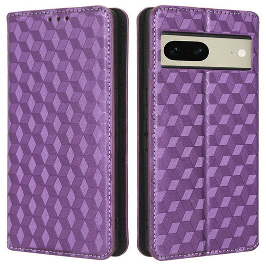 For Google Pixel 7 5G Anti-scratch Phone Case Stand Magnetic Auto Closing Imprinted Rhombus Pattern PU Leather Flip Wallet Cover - Purple