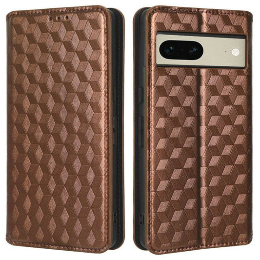 For Google Pixel 7 5G Anti-scratch Phone Case Stand Magnetic Auto Closing Imprinted Rhombus Pattern PU Leather Flip Wallet Cover - Brown