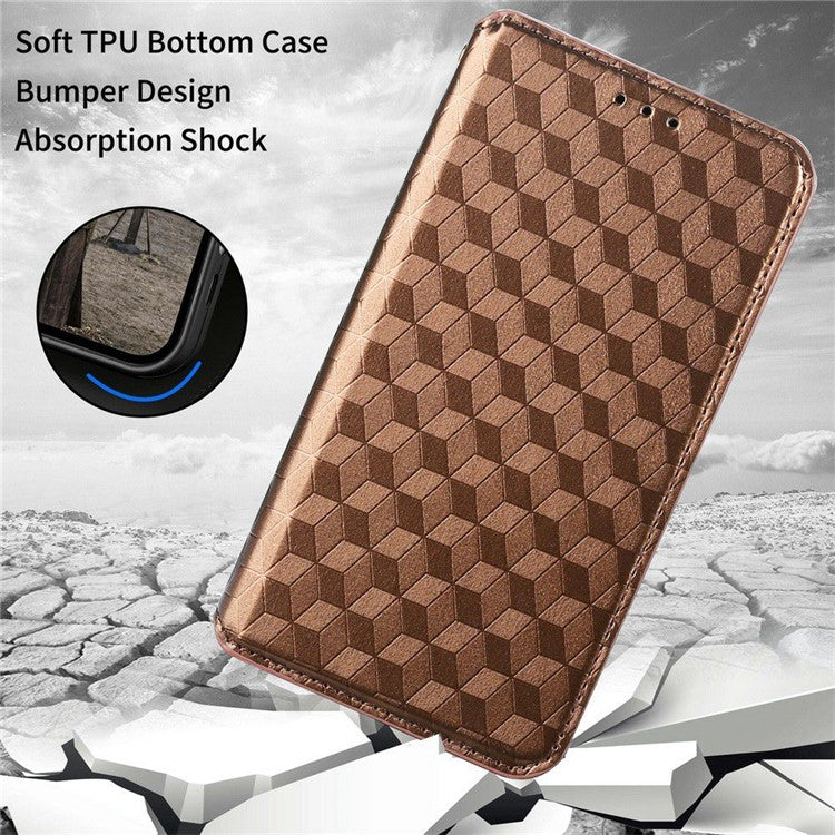 For Google Pixel 7 5G Anti-scratch Phone Case Stand Magnetic Auto Closing Imprinted Rhombus Pattern PU Leather Flip Wallet Cover - Brown
