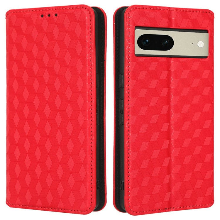 For Google Pixel 7 5G Anti-scratch Phone Case Stand Magnetic Auto Closing Imprinted Rhombus Pattern PU Leather Flip Wallet Cover - Red
