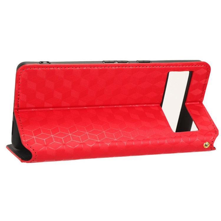 For Google Pixel 7 5G Anti-scratch Phone Case Stand Magnetic Auto Closing Imprinted Rhombus Pattern PU Leather Flip Wallet Cover - Red