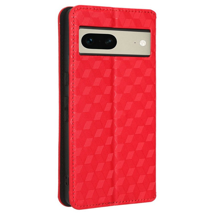 For Google Pixel 7 5G Anti-scratch Phone Case Stand Magnetic Auto Closing Imprinted Rhombus Pattern PU Leather Flip Wallet Cover - Red