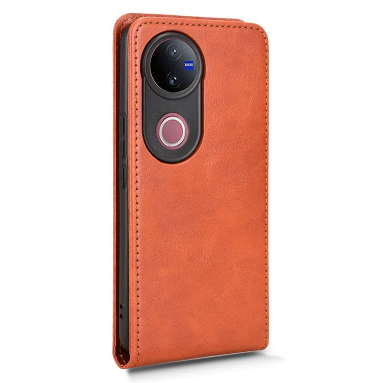 For vivo V50 5G Case with Card Slot Magnetic Vertical Flip Leather Phone Cover - Orange