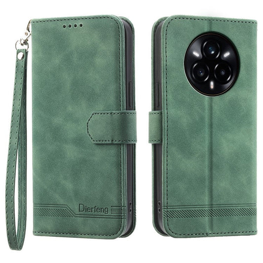 DIERFENG DF-03 For Realme 14 Pro 5G Leather Case Lines Imprint Wallet Phone Cover - Green
