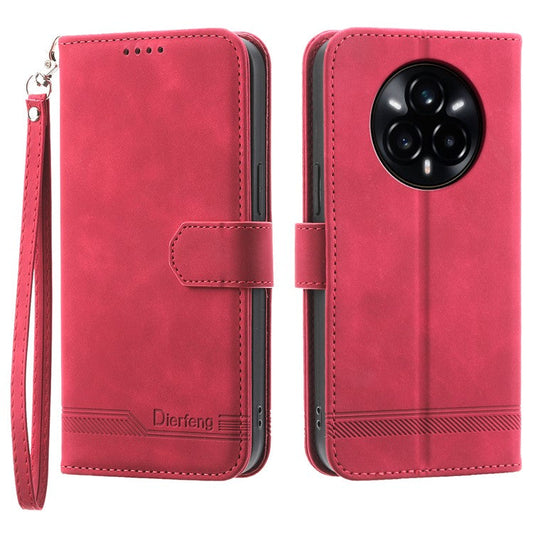 DIERFENG DF-03 For Realme 14 Pro 5G Leather Case Lines Imprint Wallet Phone Cover - Red