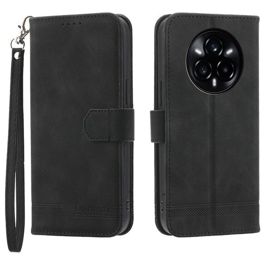 DIERFENG DF-03 For Realme 14 Pro 5G Leather Case Lines Imprint Wallet Phone Cover - Black
