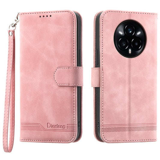 DIERFENG DF-03 For Realme 14 Pro+ 5G Leather Case Lines Imprint Wallet Phone Cover - Pink
