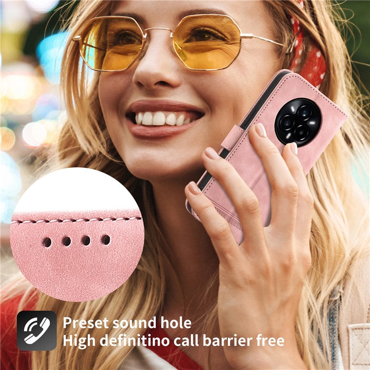 DIERFENG DF-03 For Realme 14 Pro+ 5G Leather Case Lines Imprint Wallet Phone Cover - Pink