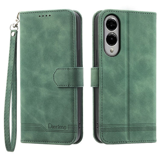 DIERFENG DF-03 For Samsung Galaxy S25 Edge Leather Case Lines Imprint Wallet Phone Cover - Green