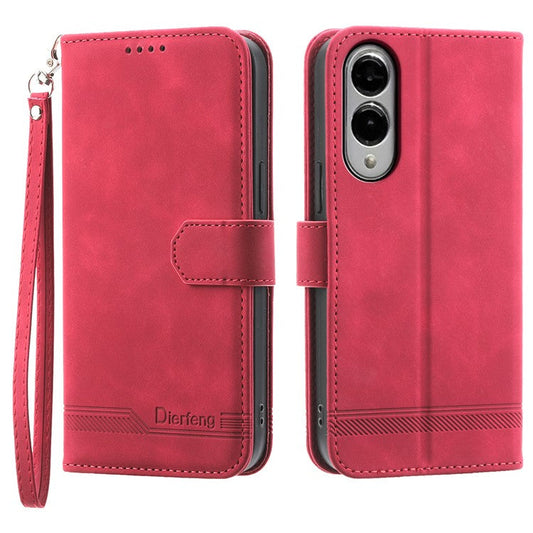 DIERFENG DF-03 For Samsung Galaxy S25 Edge Leather Case Lines Imprint Wallet Phone Cover - Red