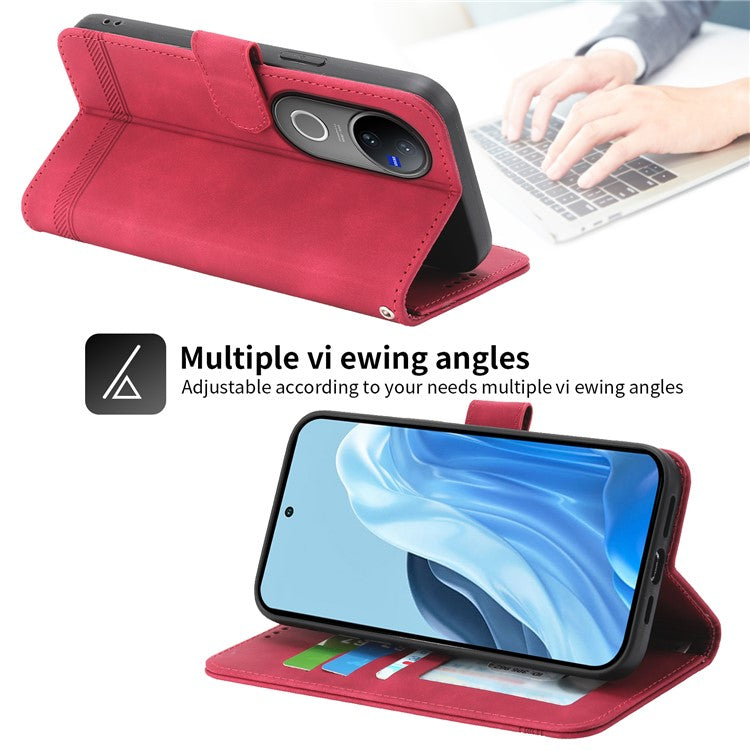 DIERFENG DF-03 For vivo V50 5G Leather Case Lines Imprint Wallet Phone Cover - Red