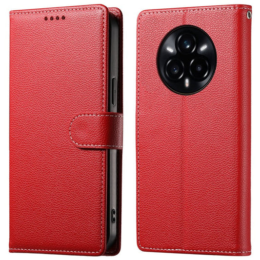 For Realme 14 Pro+ 5G Stand Case Litchi Texture Leather Wallet Phone Cover Magnetic Snap - Red