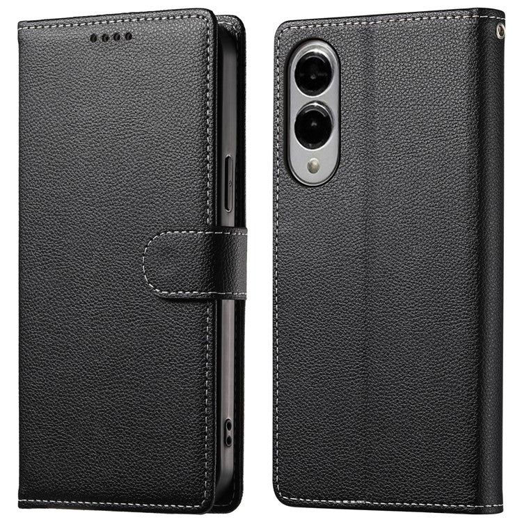 For Samsung Galaxy S25 Edge Stand Case Litchi Texture Leather Wallet Phone Cover Magnetic Snap - Black