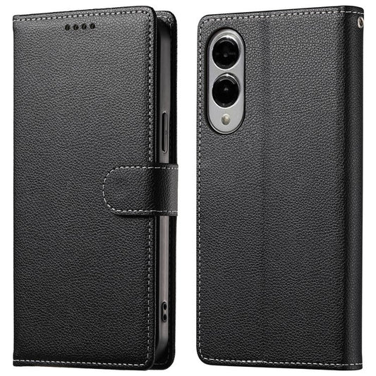 For Samsung Galaxy S25 Edge Stand Case Litchi Texture Leather Wallet Phone Cover Magnetic Snap - Black