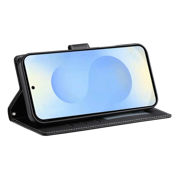 For Samsung Galaxy S25 Edge Stand Case Litchi Texture Leather Wallet Phone Cover Magnetic Snap - Black