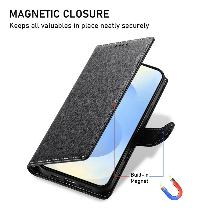 For Samsung Galaxy S25 Edge Stand Case Litchi Texture Leather Wallet Phone Cover Magnetic Snap - Black