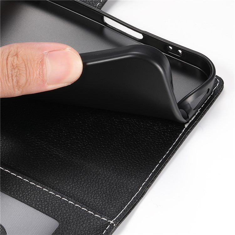 For Samsung Galaxy S25 Edge Stand Case Litchi Texture Leather Wallet Phone Cover Magnetic Snap - Black