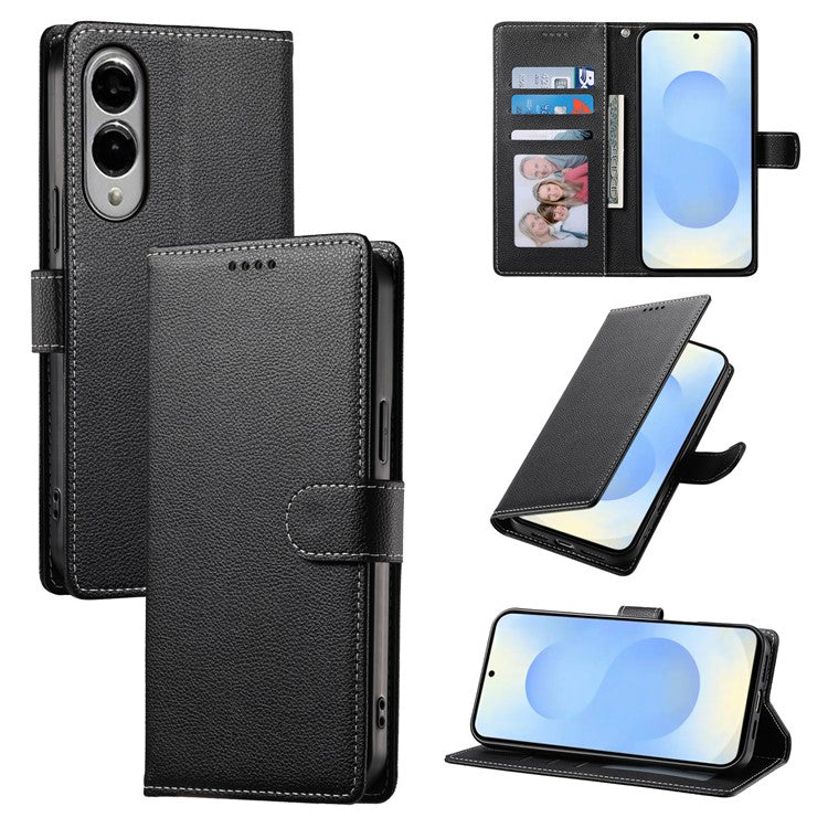 For Samsung Galaxy S25 Edge Stand Case Litchi Texture Leather Wallet Phone Cover Magnetic Snap - Black