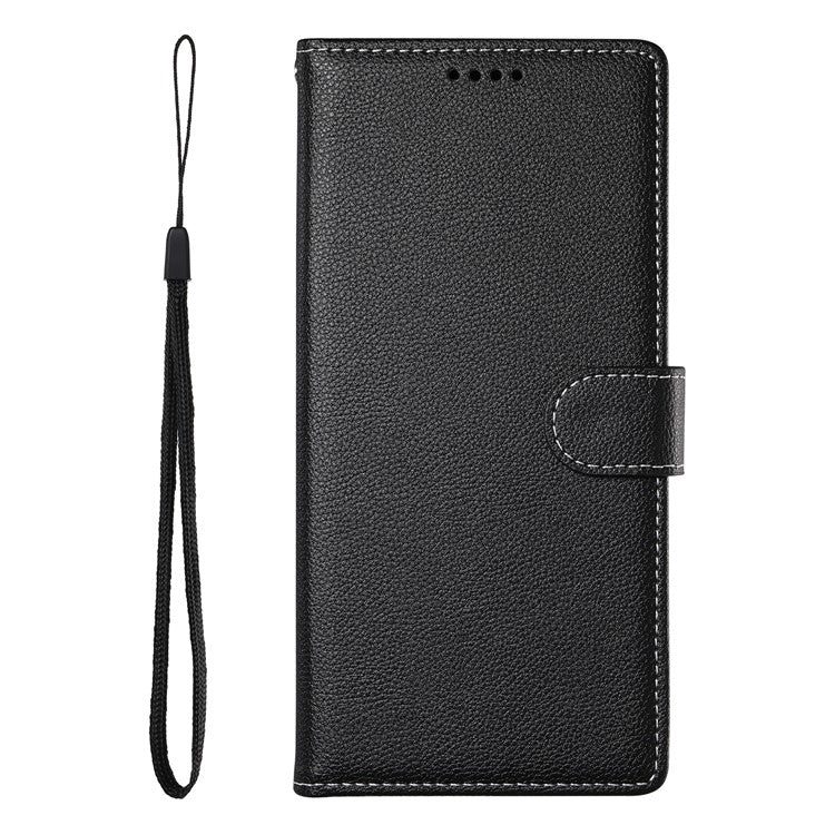 For Samsung Galaxy S25 Edge Stand Case Litchi Texture Leather Wallet Phone Cover Magnetic Snap - Black