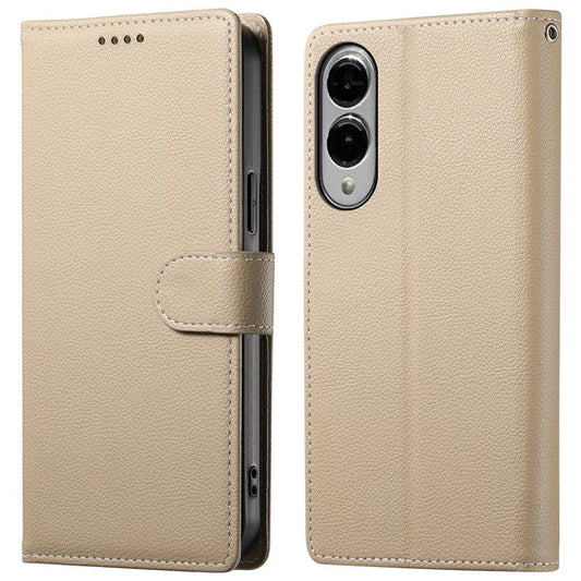For Samsung Galaxy S25 Edge Stand Case Litchi Texture Leather Wallet Phone Cover Magnetic Snap - Apricot