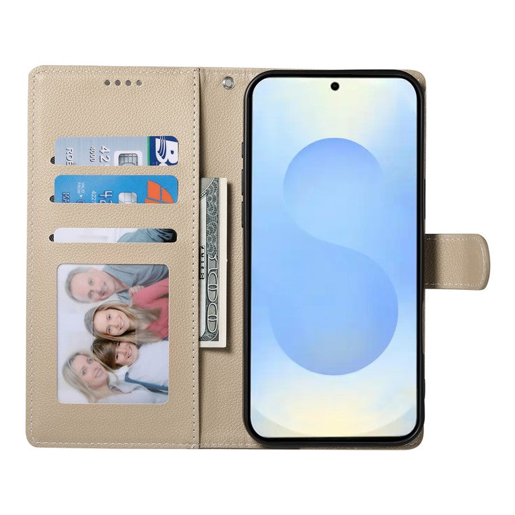For Samsung Galaxy S25 Edge Stand Case Litchi Texture Leather Wallet Phone Cover Magnetic Snap - Apricot