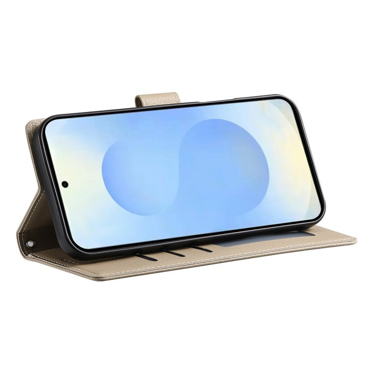 For Samsung Galaxy S25 Edge Stand Case Litchi Texture Leather Wallet Phone Cover Magnetic Snap - Apricot