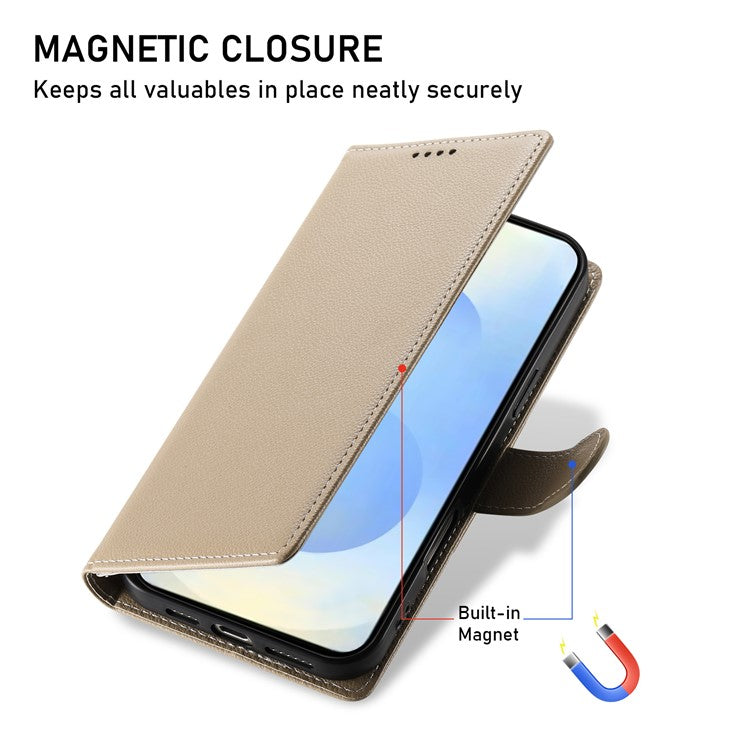 For Samsung Galaxy S25 Edge Stand Case Litchi Texture Leather Wallet Phone Cover Magnetic Snap - Apricot