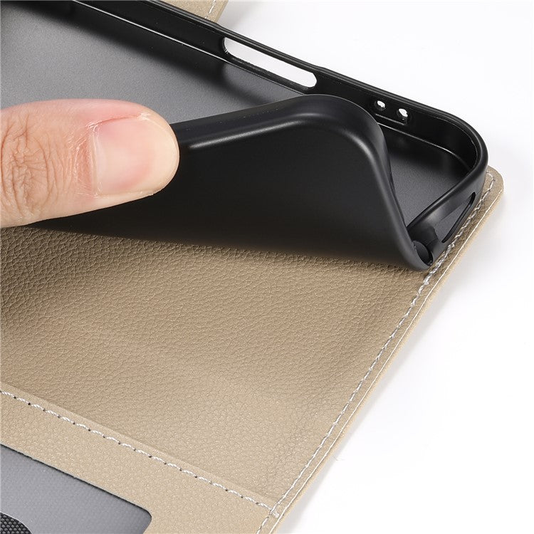 For Samsung Galaxy S25 Edge Stand Case Litchi Texture Leather Wallet Phone Cover Magnetic Snap - Apricot
