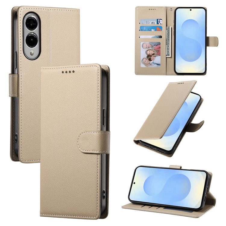 For Samsung Galaxy S25 Edge Stand Case Litchi Texture Leather Wallet Phone Cover Magnetic Snap - Apricot