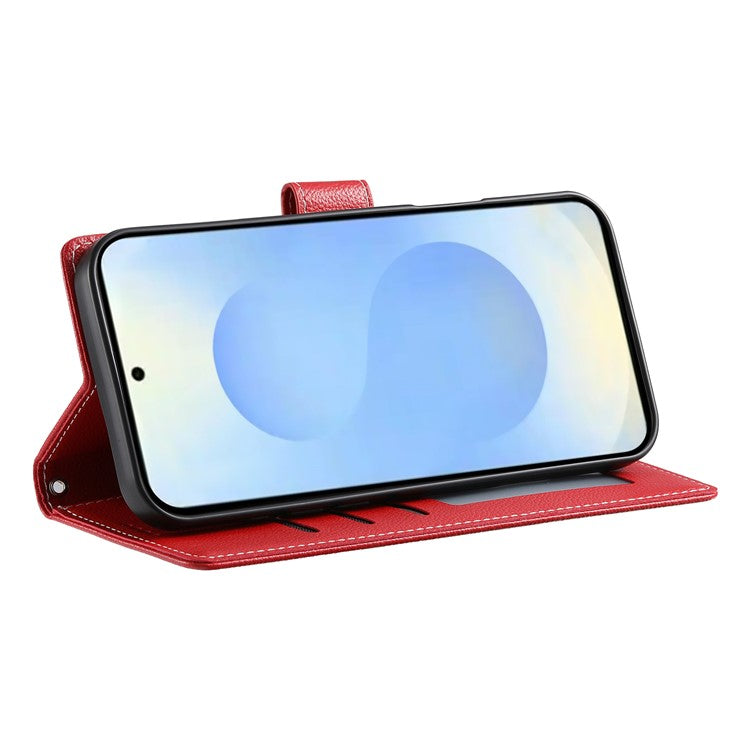 For Samsung Galaxy S25 Edge Stand Case Litchi Texture Leather Wallet Phone Cover Magnetic Snap - Red