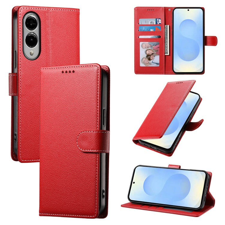 For Samsung Galaxy S25 Edge Stand Case Litchi Texture Leather Wallet Phone Cover Magnetic Snap - Red