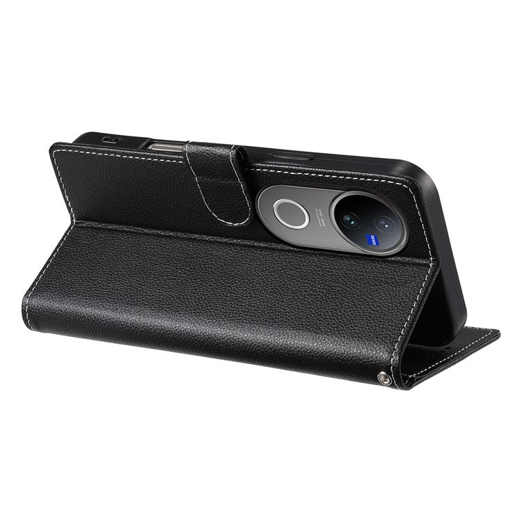 For vivo V50 5G Stand Case Litchi Texture Leather Wallet Phone Cover Magnetic Snap - Black