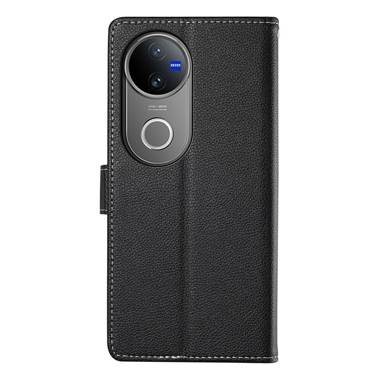 For vivo V50 5G Stand Case Litchi Texture Leather Wallet Phone Cover Magnetic Snap - Black