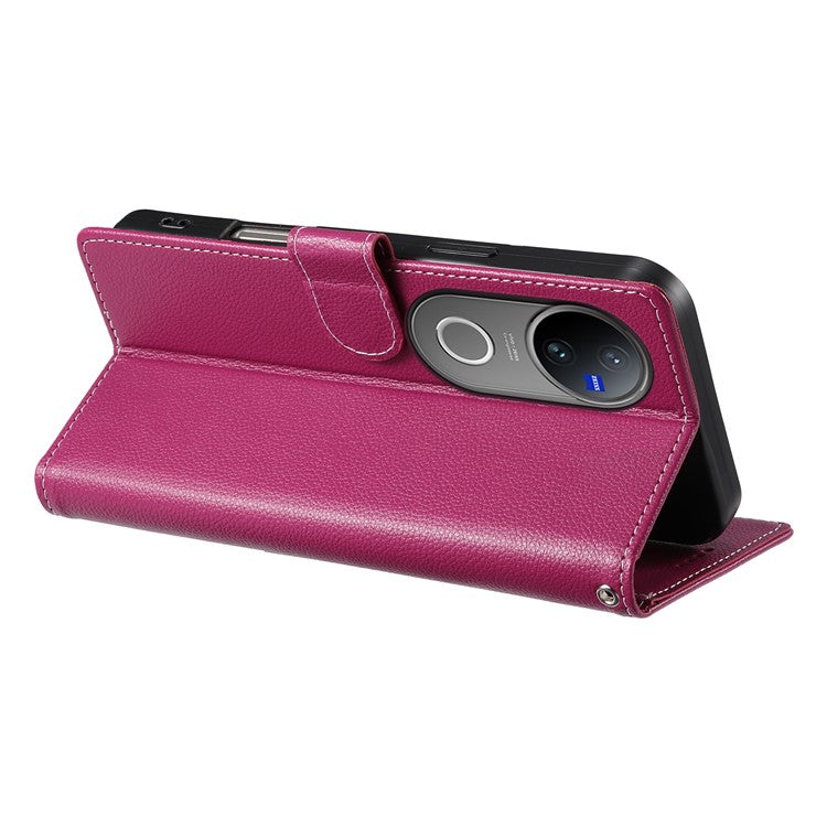 For vivo V50 5G Stand Case Litchi Texture Leather Wallet Phone Cover Magnetic Snap - Rose