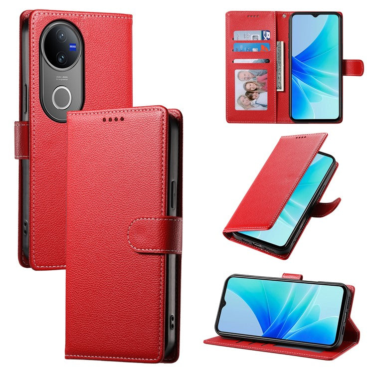 For vivo V50 5G Stand Case Litchi Texture Leather Wallet Phone Cover Magnetic Snap - Red