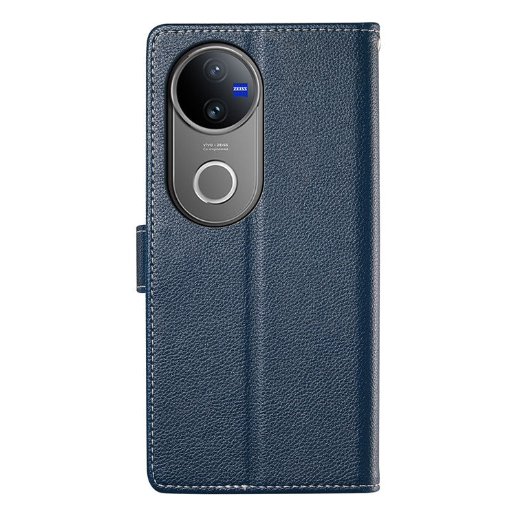 For vivo V50 5G Stand Case Litchi Texture Leather Wallet Phone Cover Magnetic Snap - Dark Blue