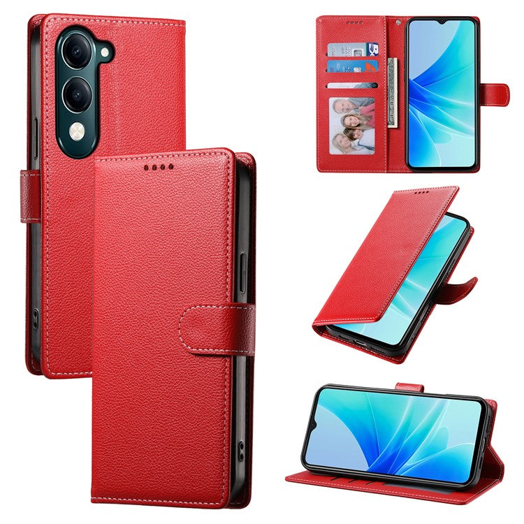 For vivo Y04 4G  /  Y29s 5G Stand Case Litchi Texture Leather Wallet Phone Cover Magnetic Snap - Red