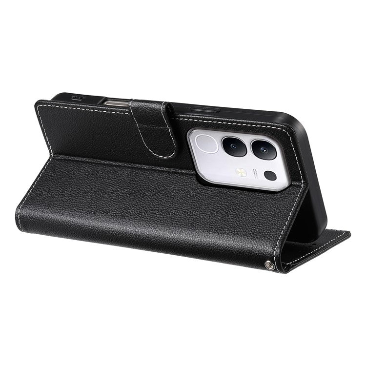 For vivo Y29 4G Stand Case Litchi Texture Leather Wallet Phone Cover Magnetic Snap - Black