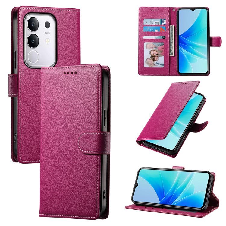 For vivo Y29 4G Stand Case Litchi Texture Leather Wallet Phone Cover Magnetic Snap - Rose