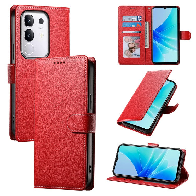 For vivo Y29 4G Stand Case Litchi Texture Leather Wallet Phone Cover Magnetic Snap - Red