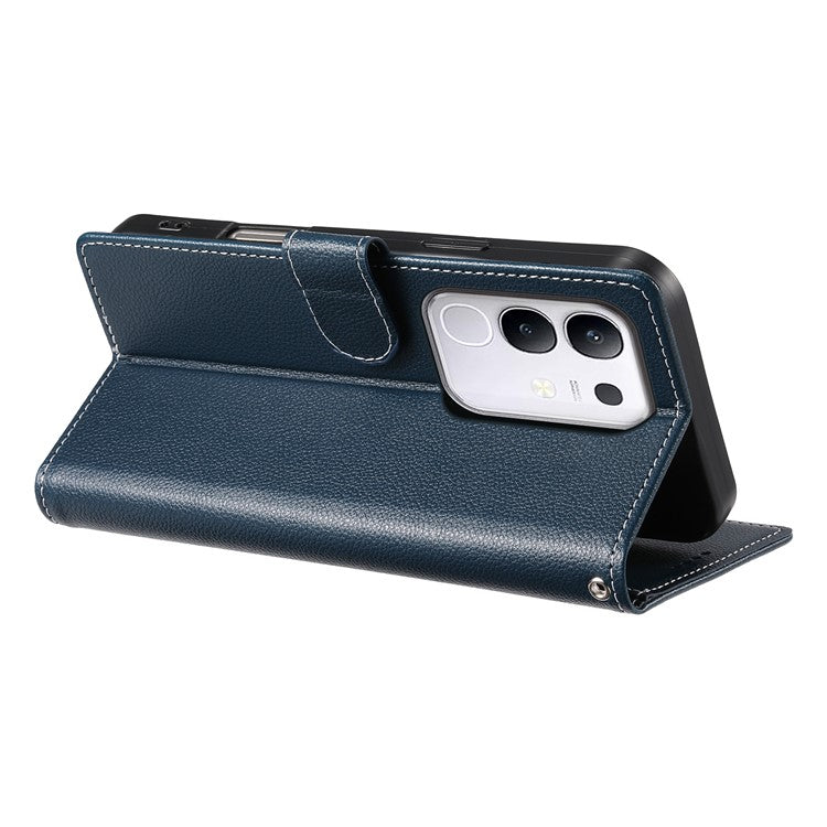 For vivo Y29 4G Stand Case Litchi Texture Leather Wallet Phone Cover Magnetic Snap - Dark Blue