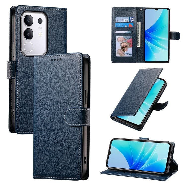 For vivo Y29 4G Stand Case Litchi Texture Leather Wallet Phone Cover Magnetic Snap - Dark Blue