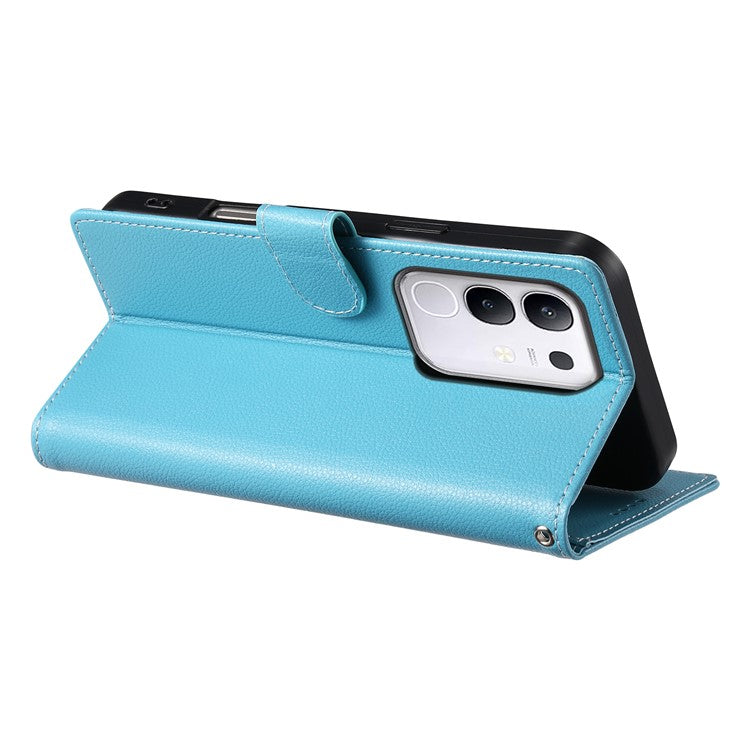 For vivo Y29 4G Stand Case Litchi Texture Leather Wallet Phone Cover Magnetic Snap - Sky Blue