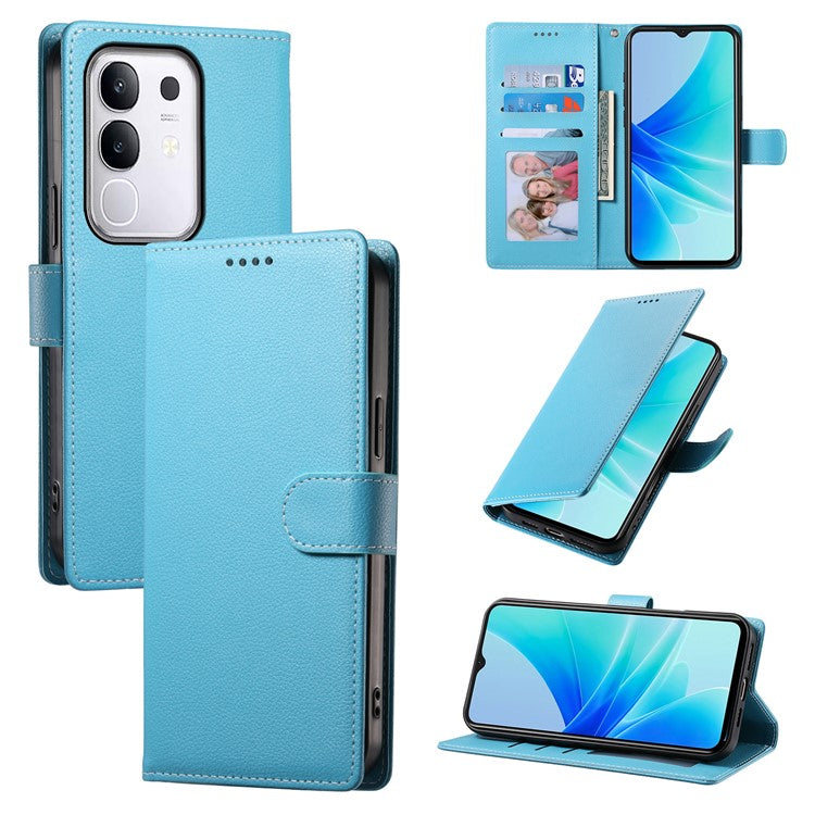 For vivo Y29 4G Stand Case Litchi Texture Leather Wallet Phone Cover Magnetic Snap - Sky Blue