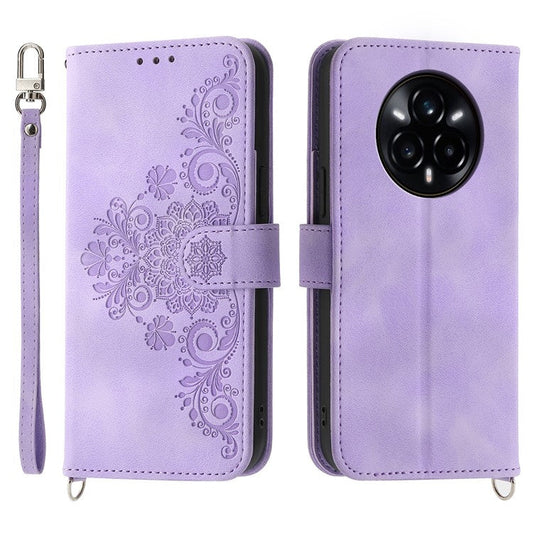 For Realme 14 Pro 5G Case Flower Pattern PU Leather Wallet Phone Cover with Strap - Light Purple