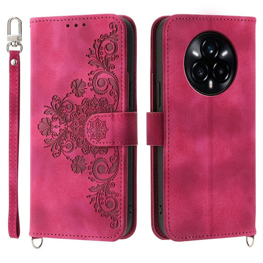 For Realme 14 Pro+ 5G Case Flower Pattern PU Leather Wallet Phone Cover with Strap - Wine Red