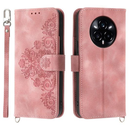 For Realme 14 Pro+ 5G Case Flower Pattern PU Leather Wallet Phone Cover with Strap - Pink